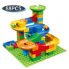 An assembled marble run building block maze track toy featuring colorful plastic pieces.