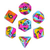 A set of silicone polyhedral dice in various colors and shapes, including a pouch.