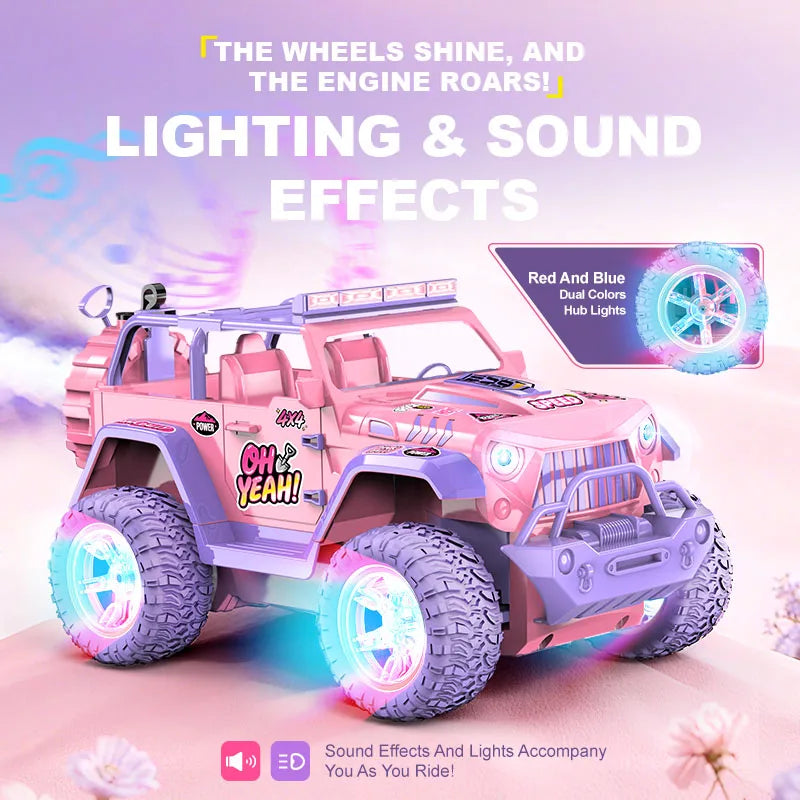 A pink 1:16 scale remote control off-road car with glowing blue lights and purple tires.