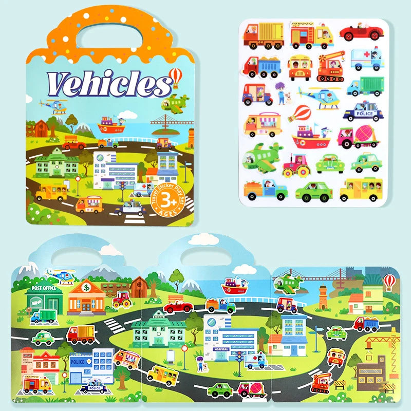 A colorful sticker book for kids featuring various vehicles like cars trucks and boats in outdoor scenes