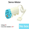A white servo motor with a blue connector and a white cable, labeled as a 9V voltage cross hole rotatable component.