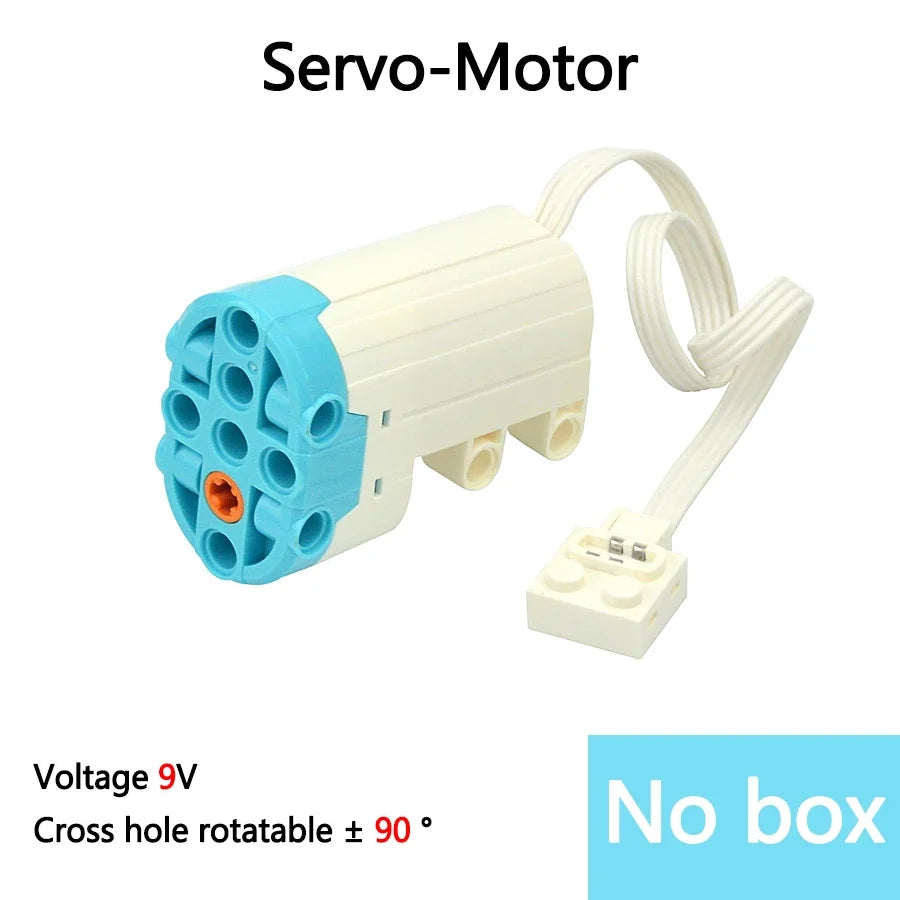 A white servo motor with a blue connector and a white cable, labeled as a 9V voltage cross hole rotatable component.