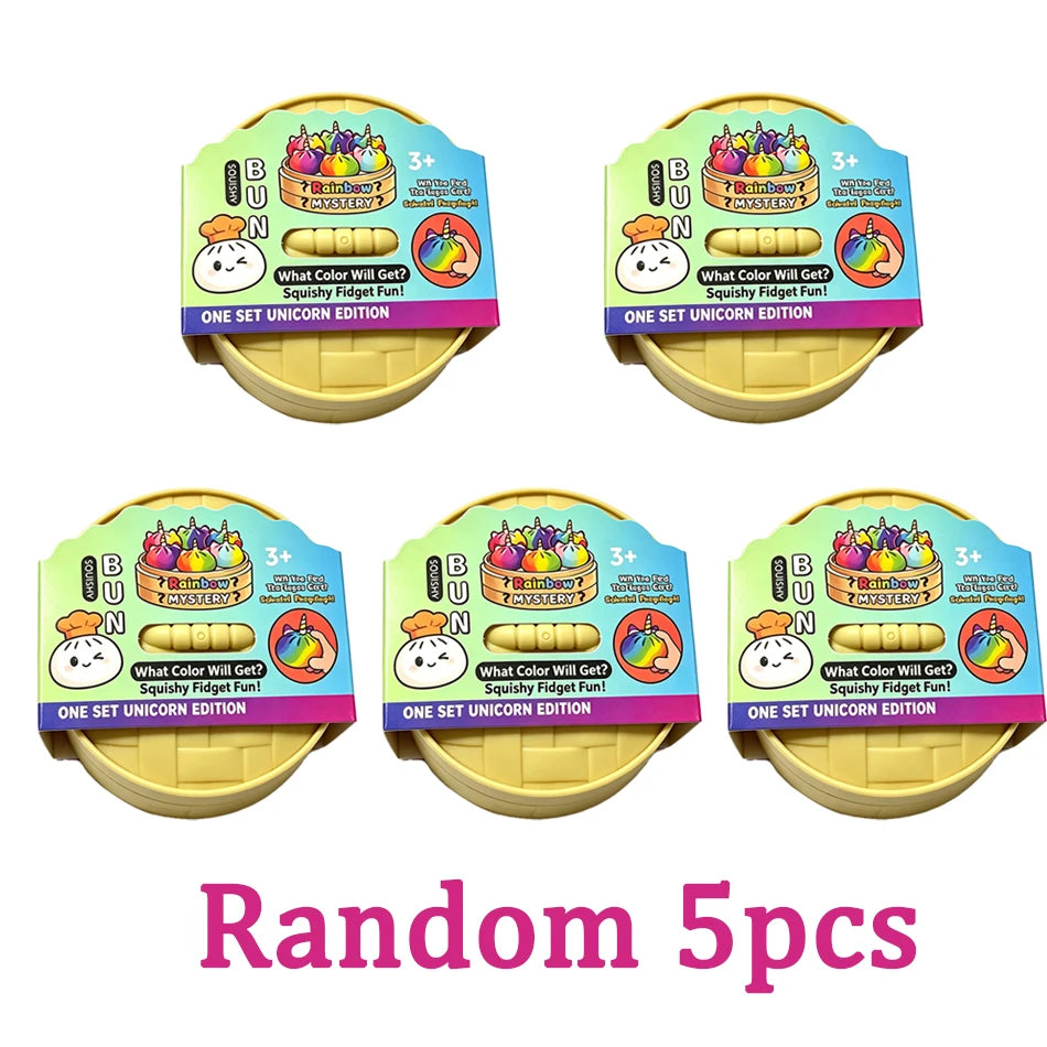 Five sets of glitter unicorn bun squishy fidget toys in various colors and editions