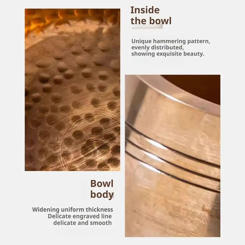 Close-up view of a wooden bowl showing unique hammering patterns and smooth finish.