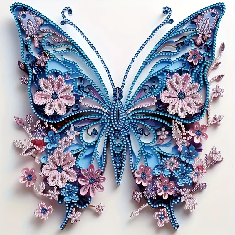 A detailed diamond painting kit featuring a sparkling butterfly design in shades of blue, pink, and purple.