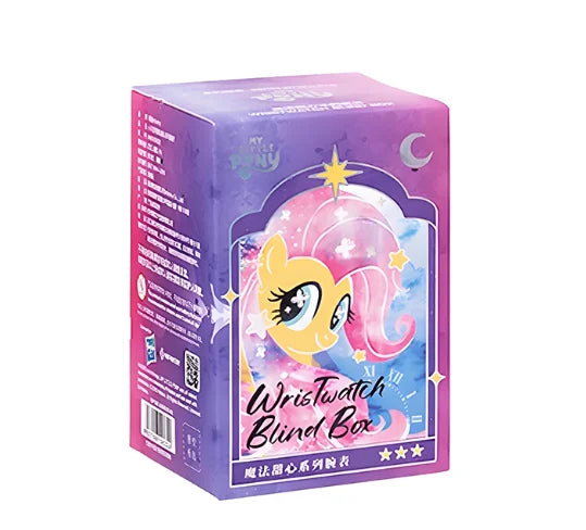 A purple box for a My Little Pony Magic Sweetheart blind box watch featuring a pink and purple unicorn design.