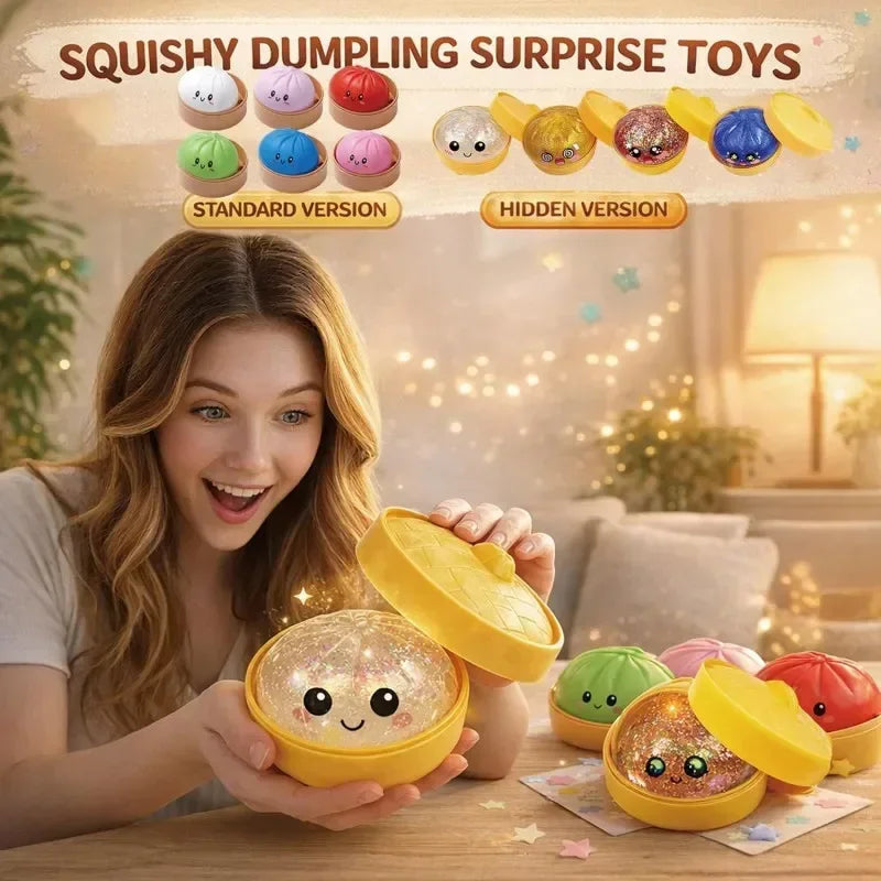 A woman holds a yellow squishy dumpling surprise toy alongside various versions of the product.