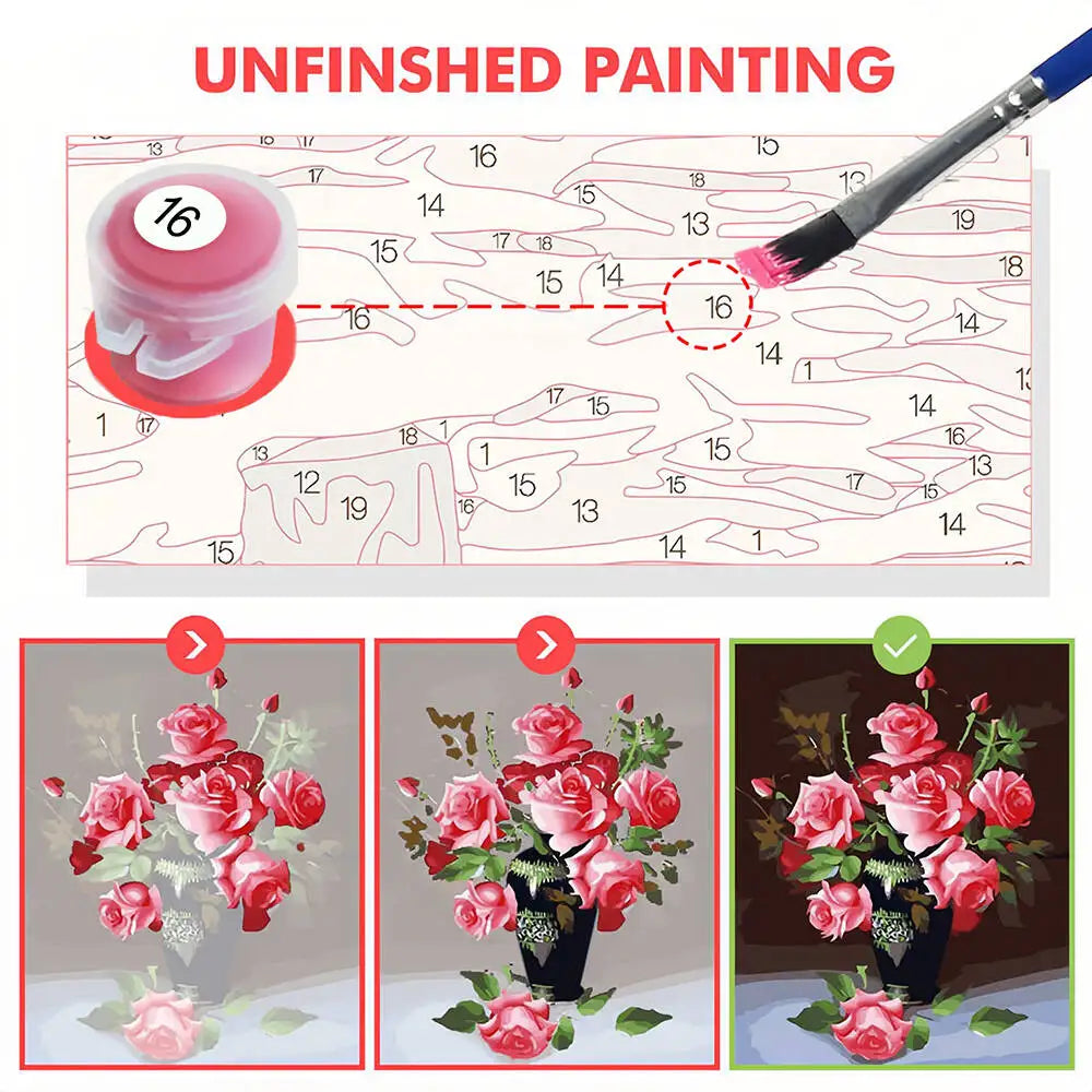 An unfinished painting of a seaside flower window scene on canvas, showing the process from blank to finished artwork.