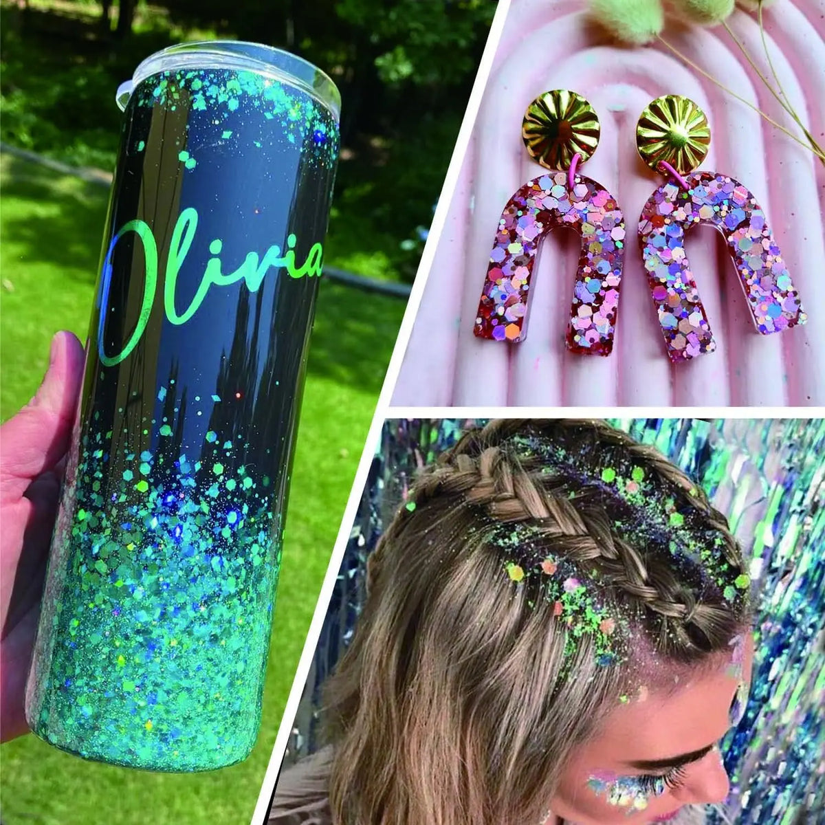 A clear plastic tube filled with iridescent green glitter and a pink background featuring two pairs of holographic glitter ea