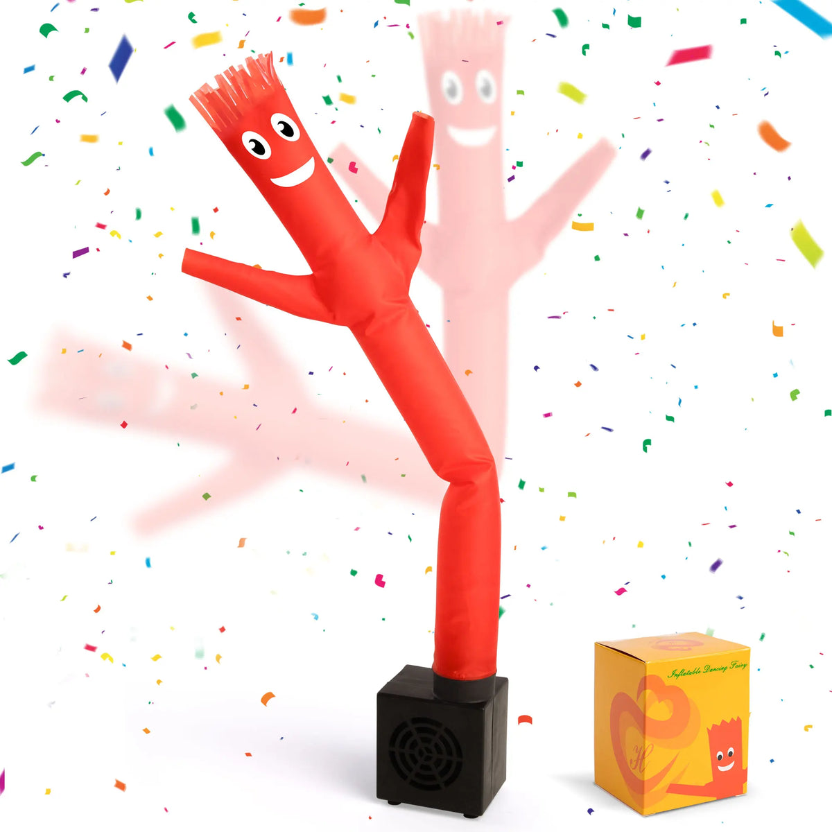 An orange inflatable tube guy with a blower is shown against a white background with confetti.