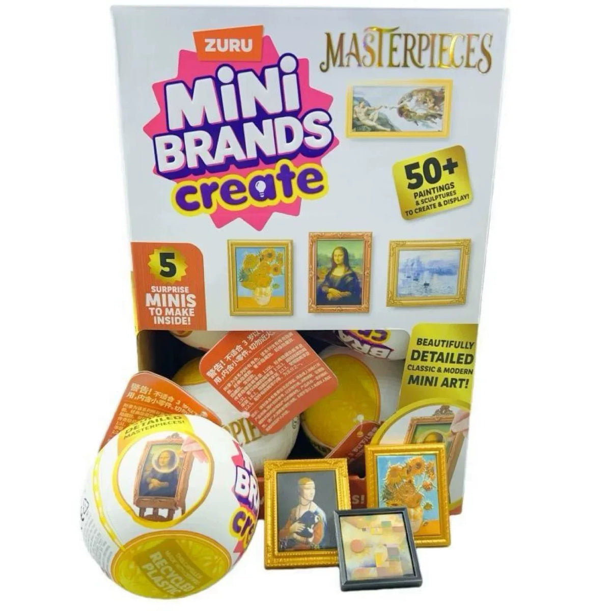 A box of ZURU Mini Brands Masterpieces featuring a surprise ball collectible.
