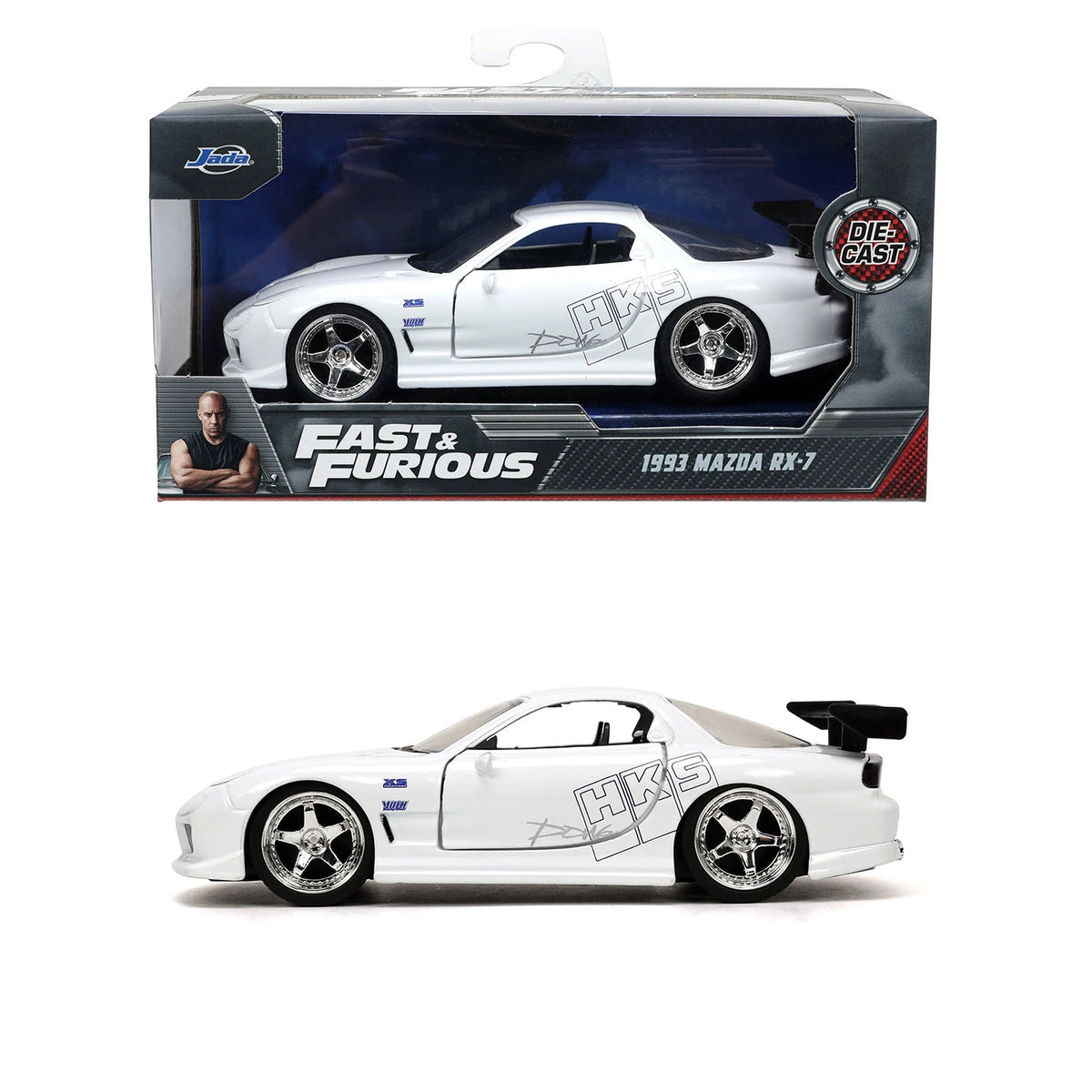 A white 1:32 scale diecast model of a 1993 Mazda RX-7 sports car.
