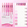A set of six pink and purple retractable gel pens with 0.7mm tips displayed next to a grid for writing practice.