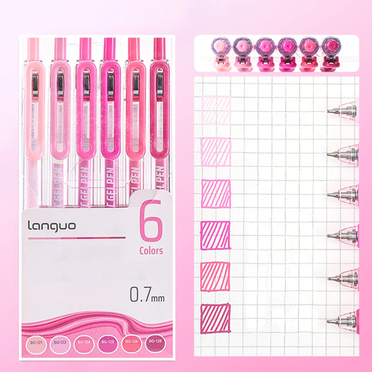 A set of six pink and purple retractable gel pens with 0.7mm tips displayed next to a grid for writing practice.