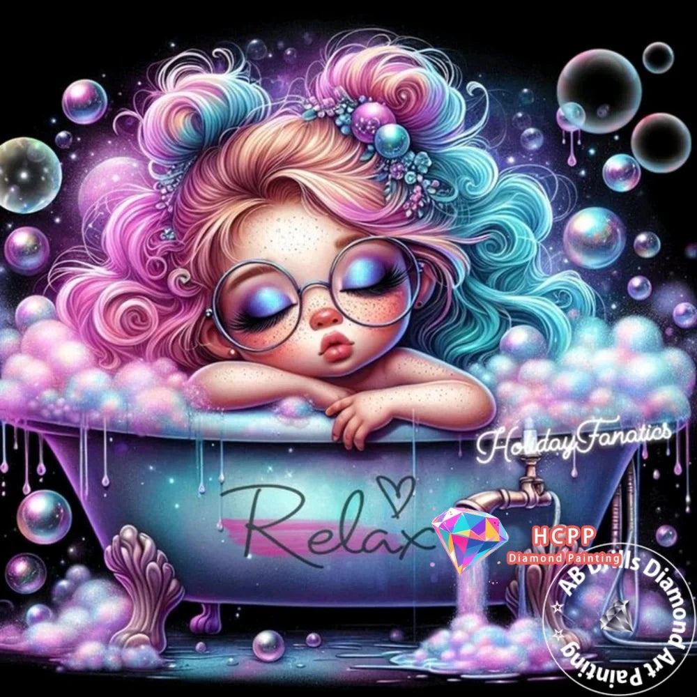A cartoon illustration of a girl with pink and blue hair relaxing in a glowing bath surrounded by sparkling gems.