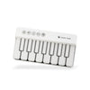 A white mini piano with 15 keys and various control buttons is shown.