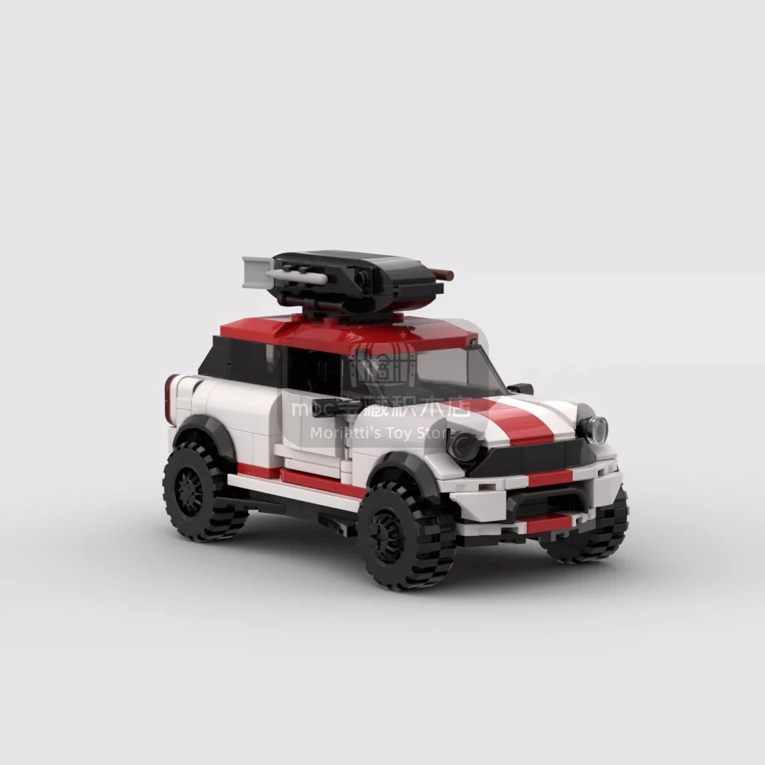 A detailed model of a classic sports car built from building blocks, featuring black and white paint and a black hood.