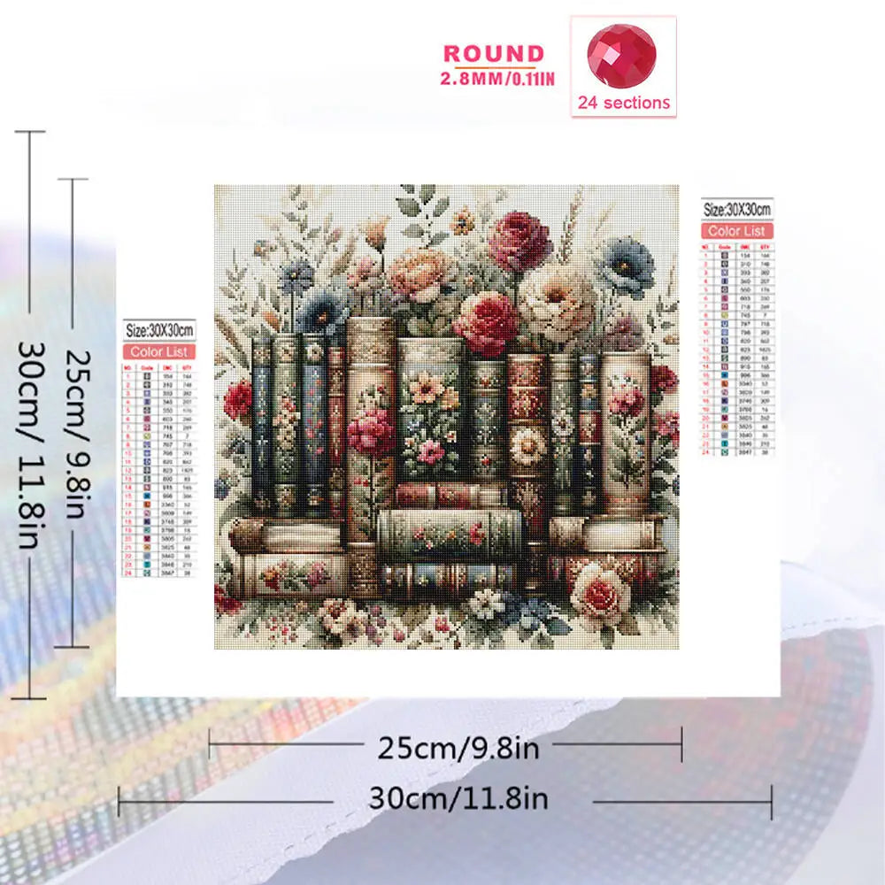 A diamond painting kit featuring a floral landscape design with various shades of pink, red, and green.