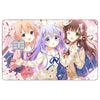 Three anime girls with pink and purple hair smiling and posing for a credit card skin sticker design.