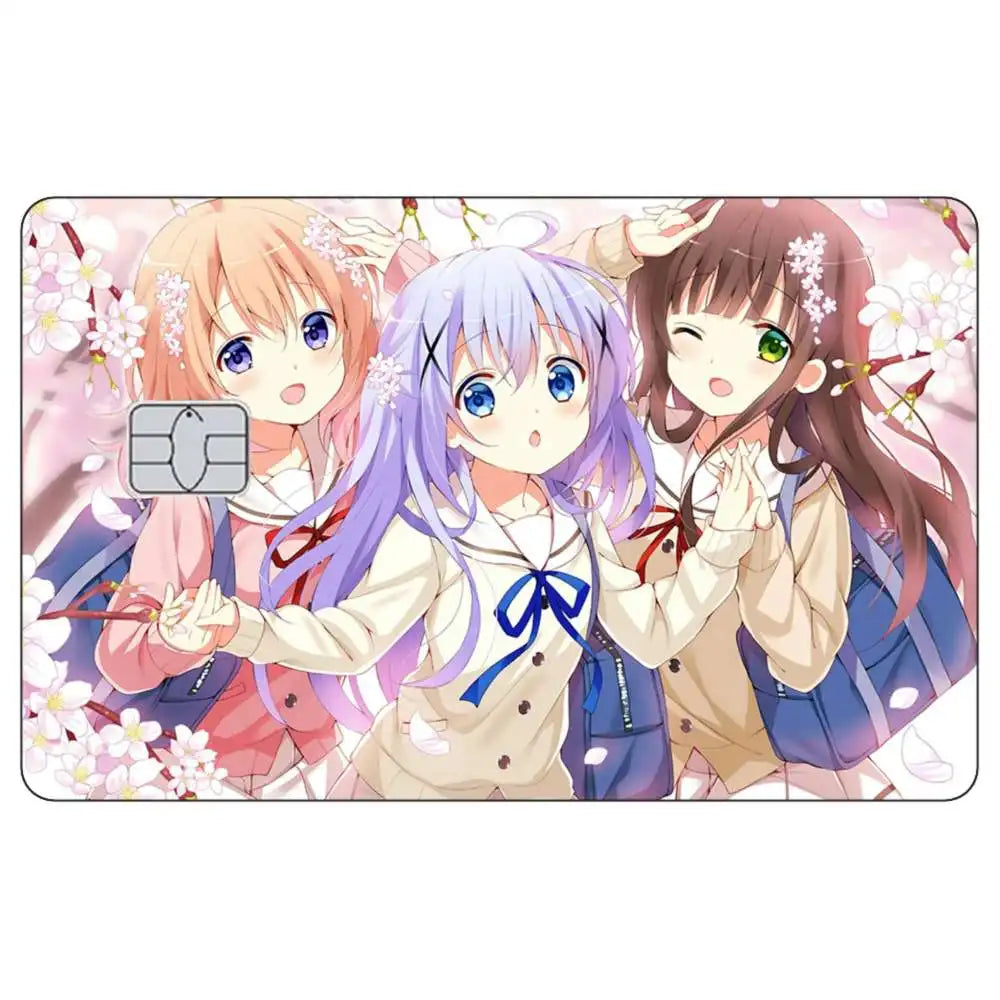 Three anime girls with pink and purple hair smiling and posing for a credit card skin sticker design.