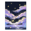 A painting depicting a night starry sky with purple and white clouds above a dark horizon.
