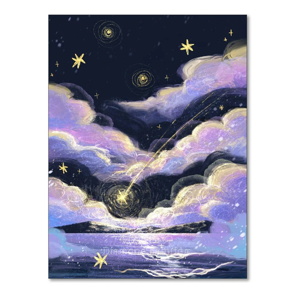 A painting depicting a night starry sky with purple and white clouds above a dark horizon.