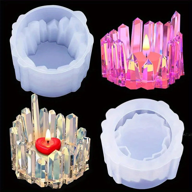 A set of clear crystal silicone candle molds and a red candle shown in various arrangements.
