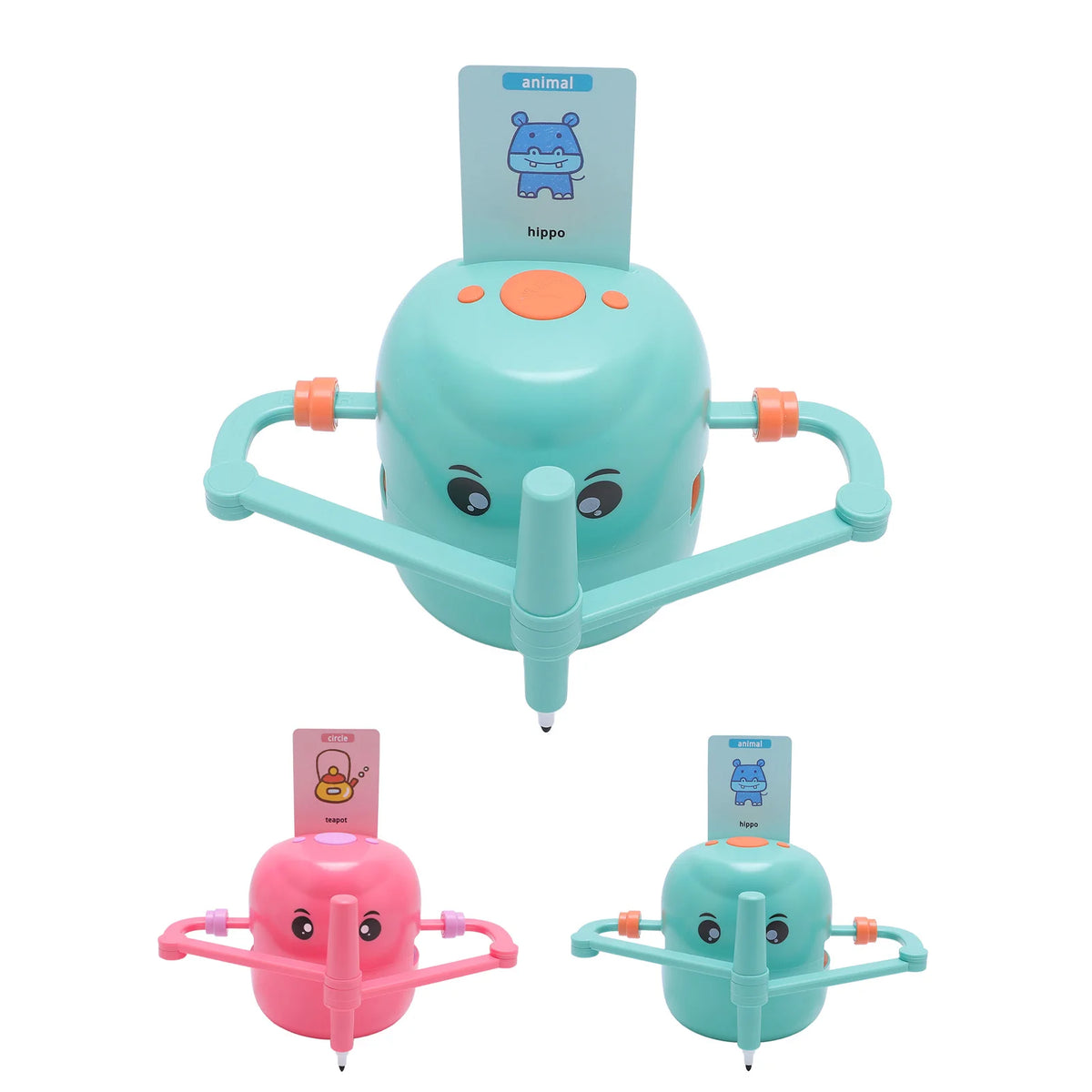 A set of three smart drawing robot toys in pink and teal colors for kids' interactive STEM learning.