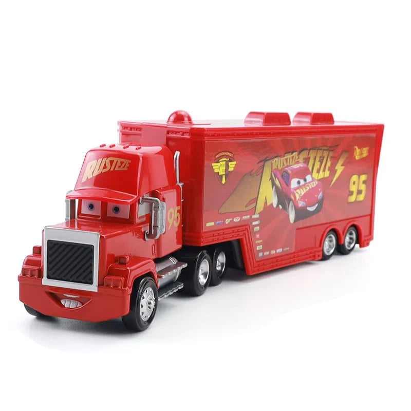A red diecast toy hauler truck modeled after a Lightning McQueen vehicle.