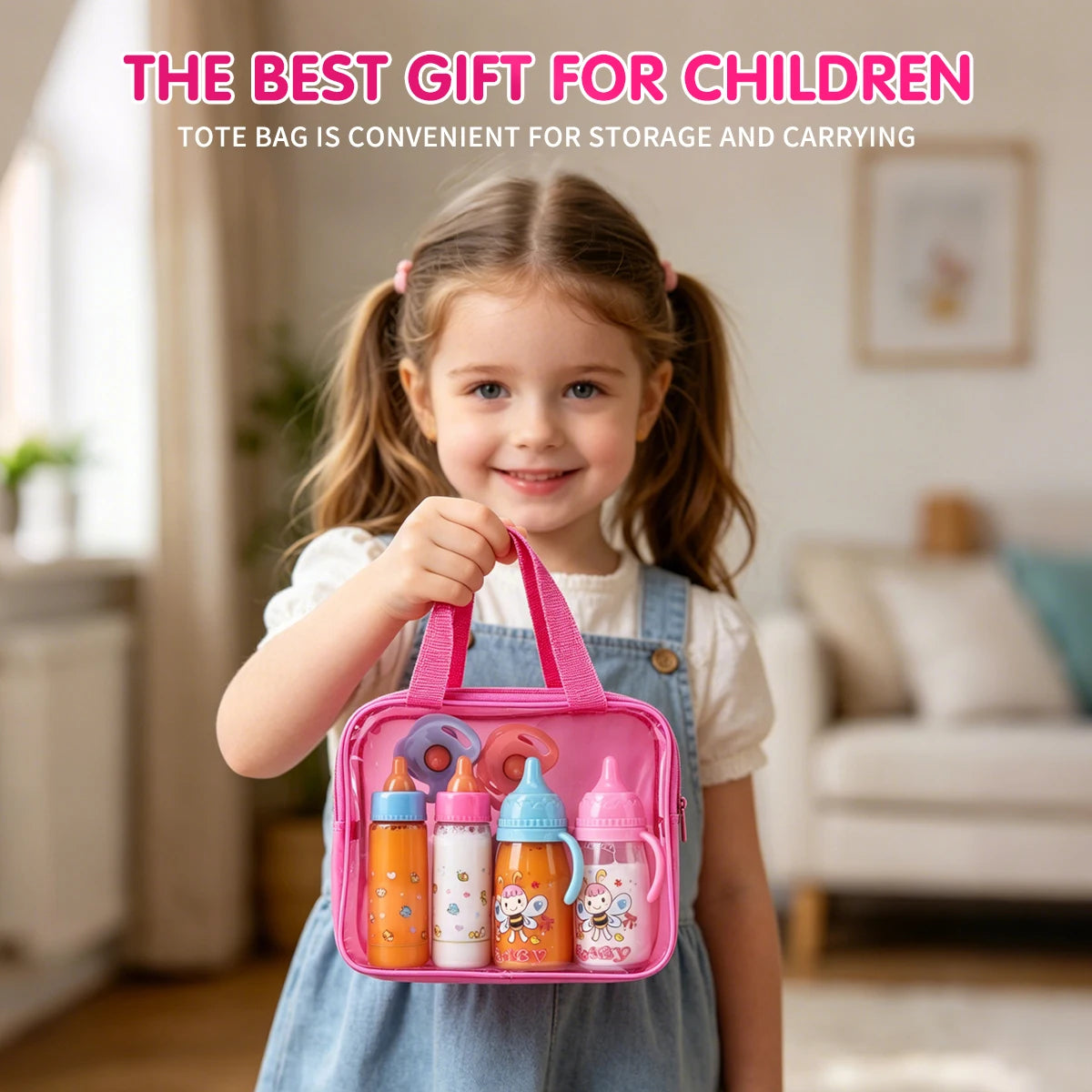 A young girl holds a pink tote bag filled with colorful milk bottle toys for children.