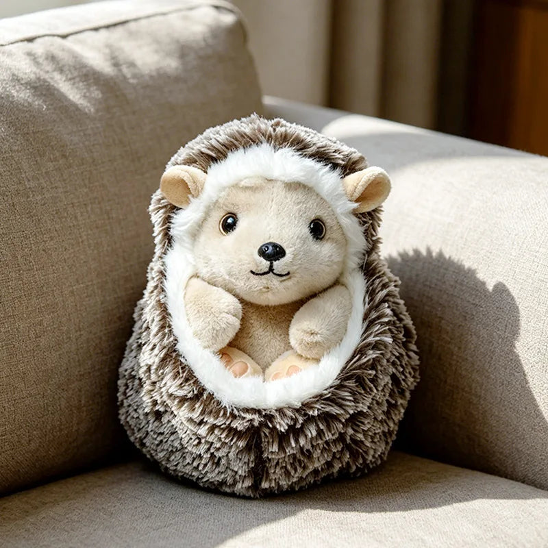 A fluffy, light brown and white hedgehog plush pillow resting on a beige sofa.