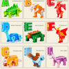 A set of alphabet transformable robot toys featuring letters A through L, including dinosaurs and animals.