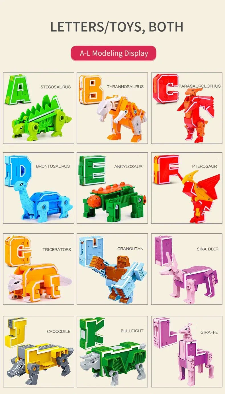 A set of alphabet transformable robot toys featuring letters A through L, including dinosaurs and animals.