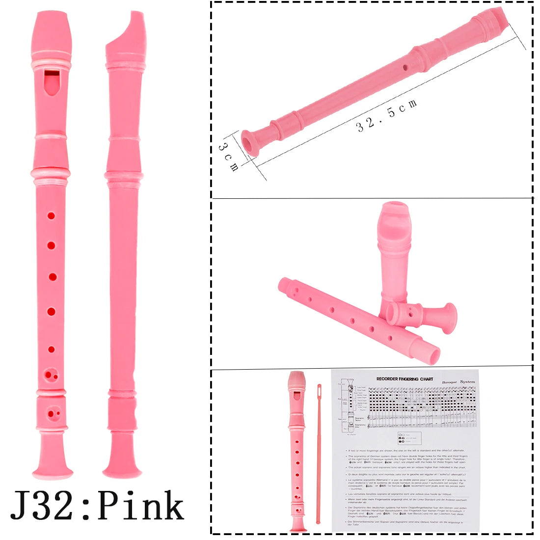 Pink recorder flute for kids with a cleaning stick shown in various views and dimensions