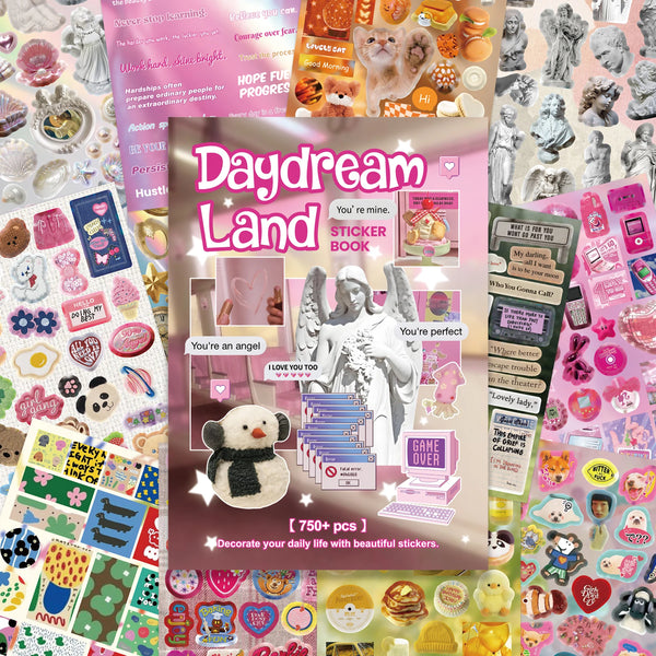 A box of the Daydream Land sticker book featuring angelic illustrations and decorative stickers for journaling.