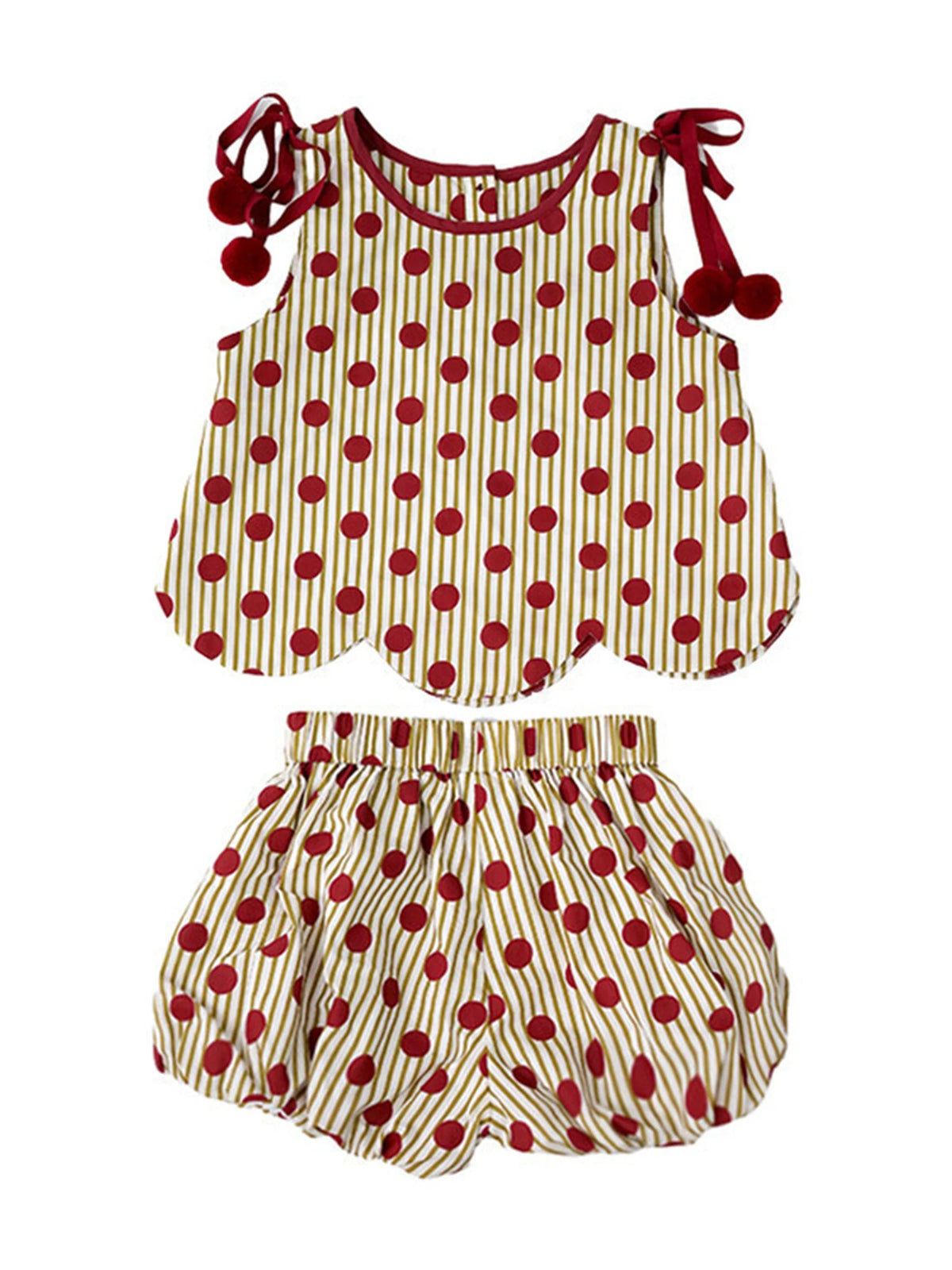 Girls summer two-piece set featuring a white and red polka dot striped top and matching shorts
