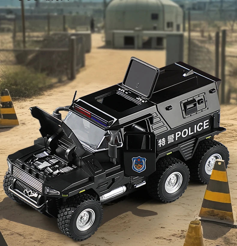 A black SWAT City Police truck diecast toy with lights and sounds parked on a dirt road.