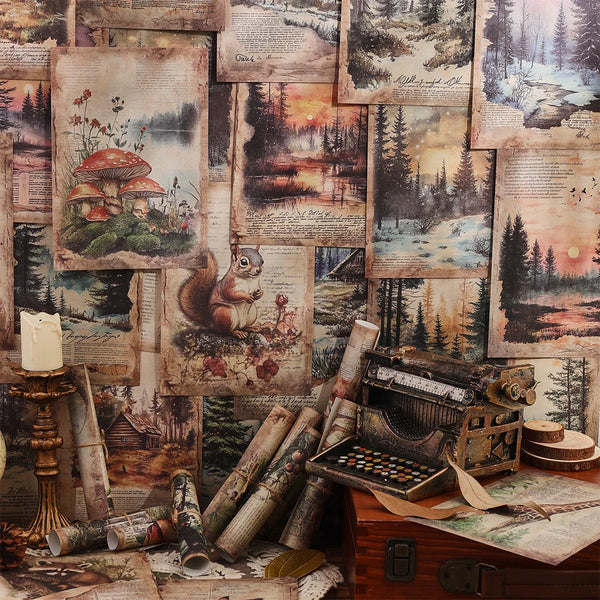 A collage of vintage scenery decorative paper sheets featuring forests, landscapes, and nature scenes.