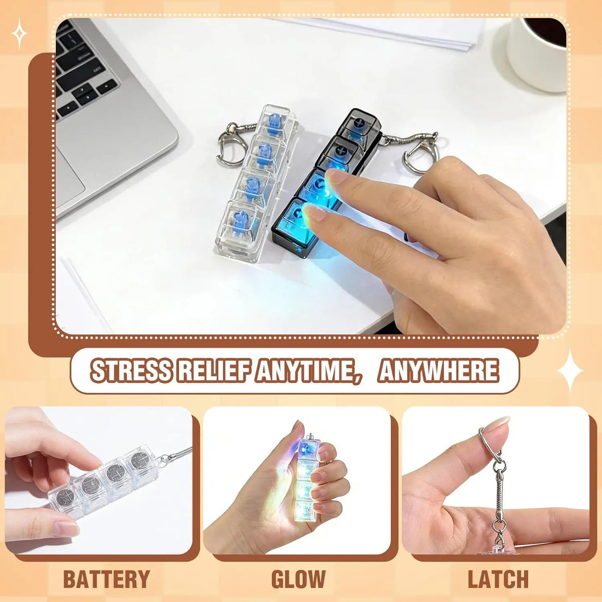 A hand holds a glowing LED keyboard keycap fidget keychain with a latch for stress relief.
