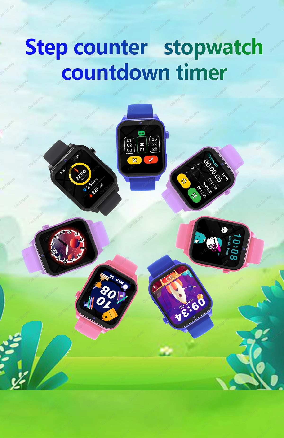 Various digital stopwatch and countdown timer smartwatches displayed against a green outdoor background.