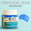 A bottle of Cerulean Blue fabric colour paint, 50ml per bottle, with a blue paint blob nearby.