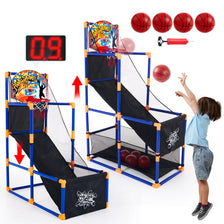 An LED arcade basketball game with an adjustable stand and four red balls is shown next to a person.