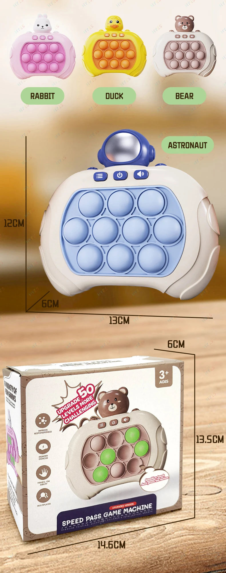 A set of Pop It fidget toys including a rabbit, duck, and bear, alongside an astronaut-themed console.