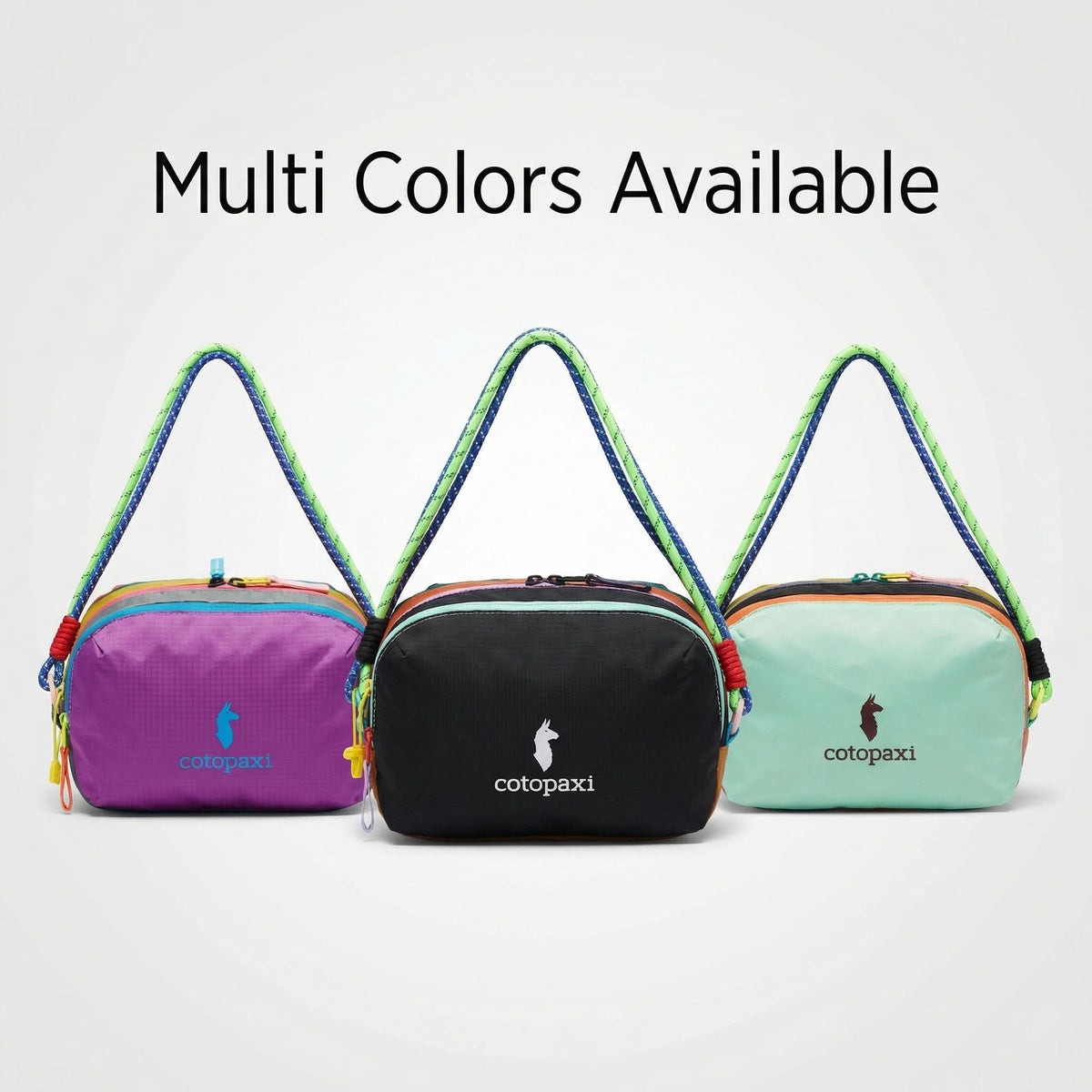 Three multi-colored alpaca themed travel storage bags displayed side by side.