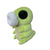 A soft green plush doll resembling a creature with large black eyes and white fur.