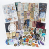 A collection of vintage stickers and paper cards featuring celestial themes, including moons, stars, planets, and astrologica