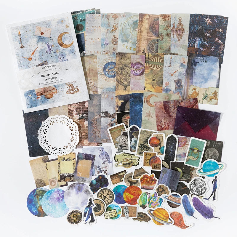 A collection of vintage stickers and paper cards featuring celestial themes, including moons, stars, planets, and astrologica