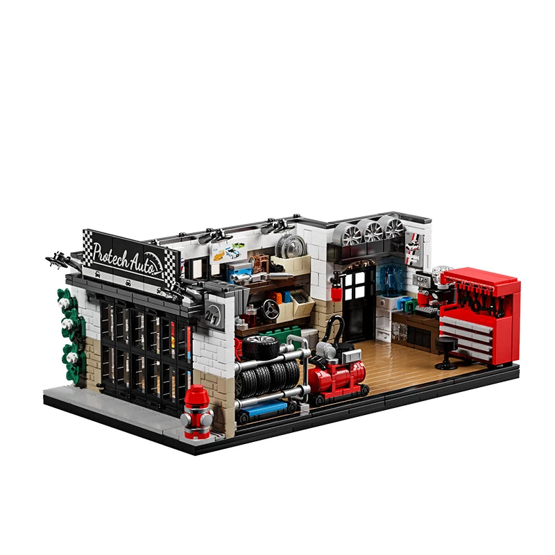 A detailed vintage American garage building blocks set featuring a multi-level structure with tools and machinery.