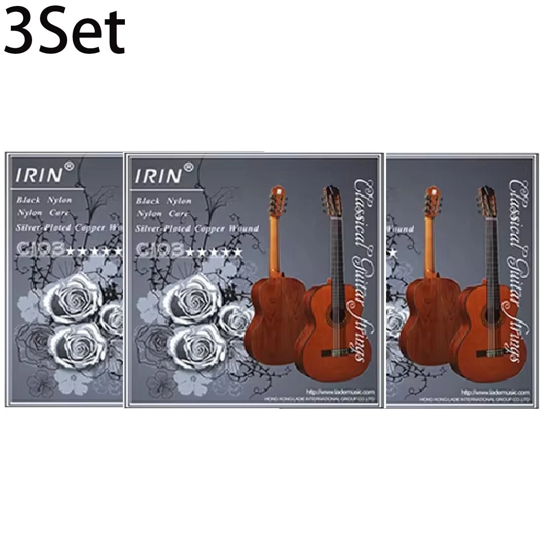 A set of IRIN classical guitar strings featuring black nylon and silver-plated copper wound strings.