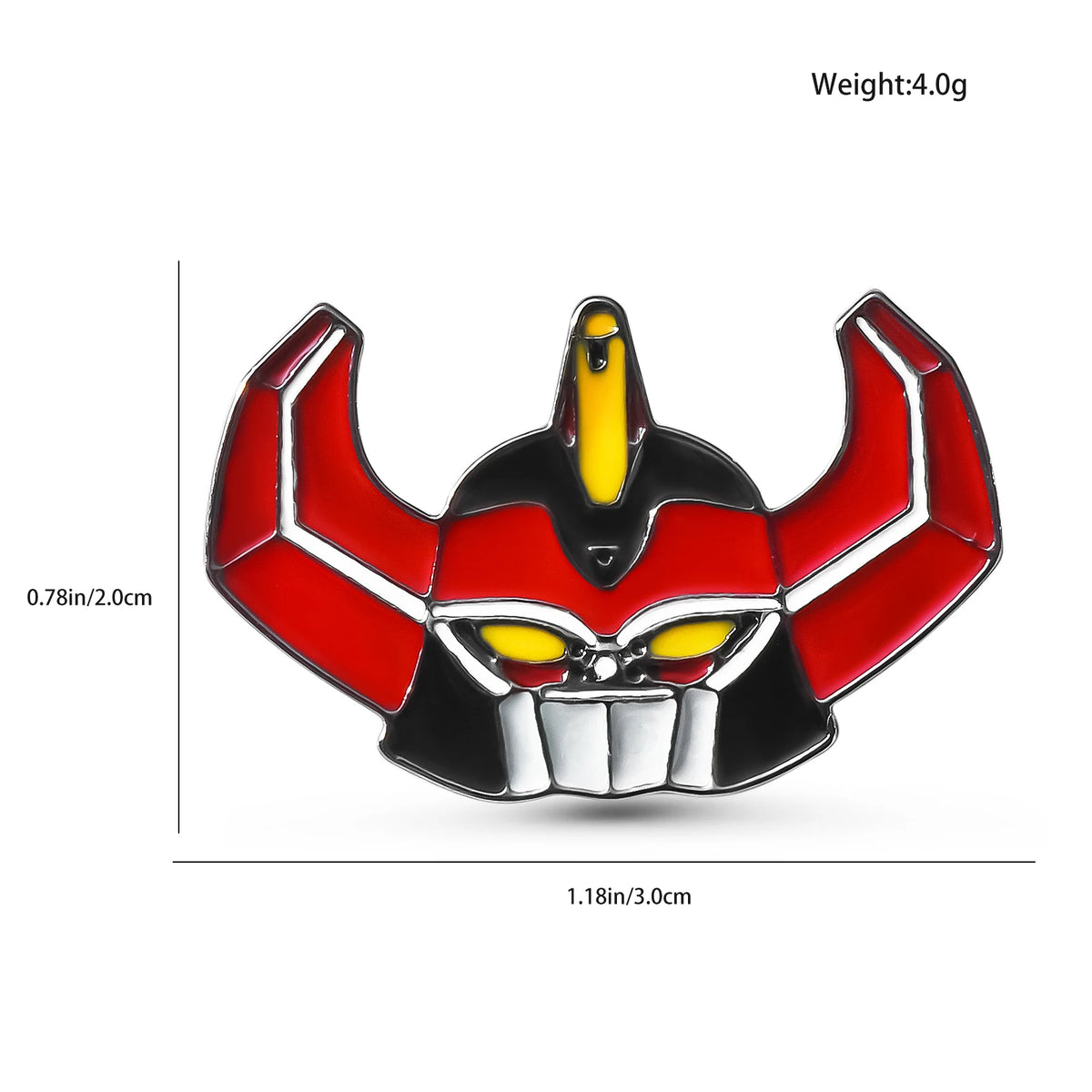 A red and black enamel pin featuring a dinosaur ranger battle suit helmet design.